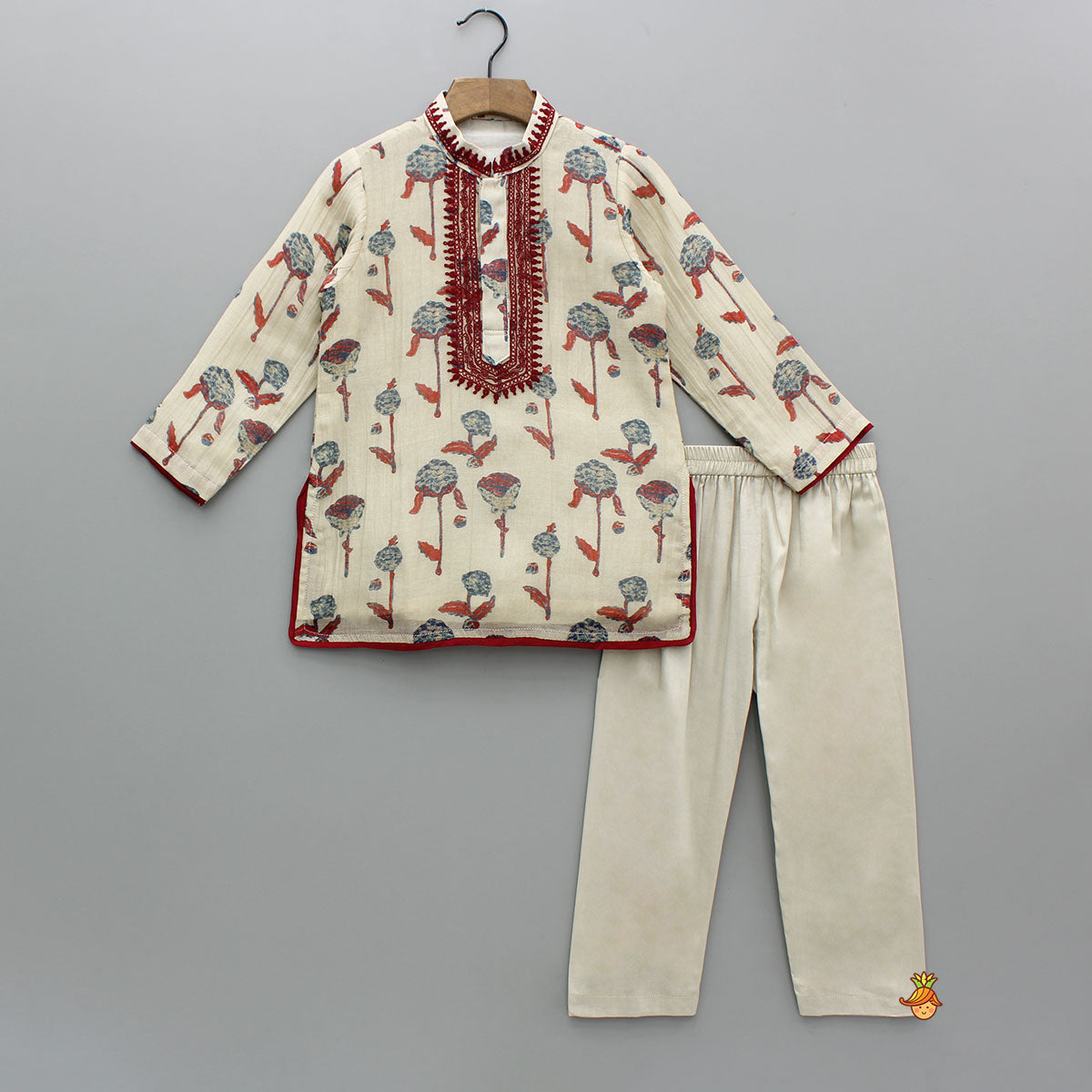 Red Detailed Floral Printed Chanderi Kurta With Pyjama