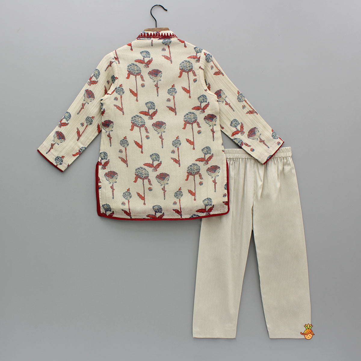 Red Detailed Floral Printed Chanderi Kurta With Pyjama