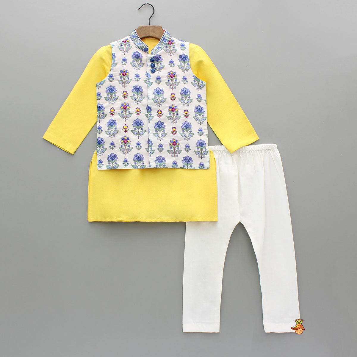 Yellow Kurta With Printed Jacket And Pyjama
