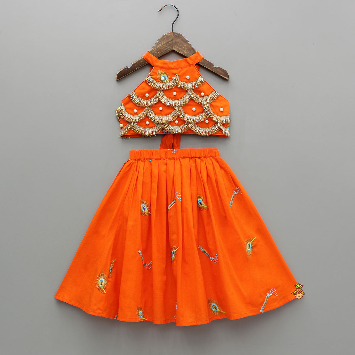 Scalloped Lace Detailed Orange Top And Lehenga