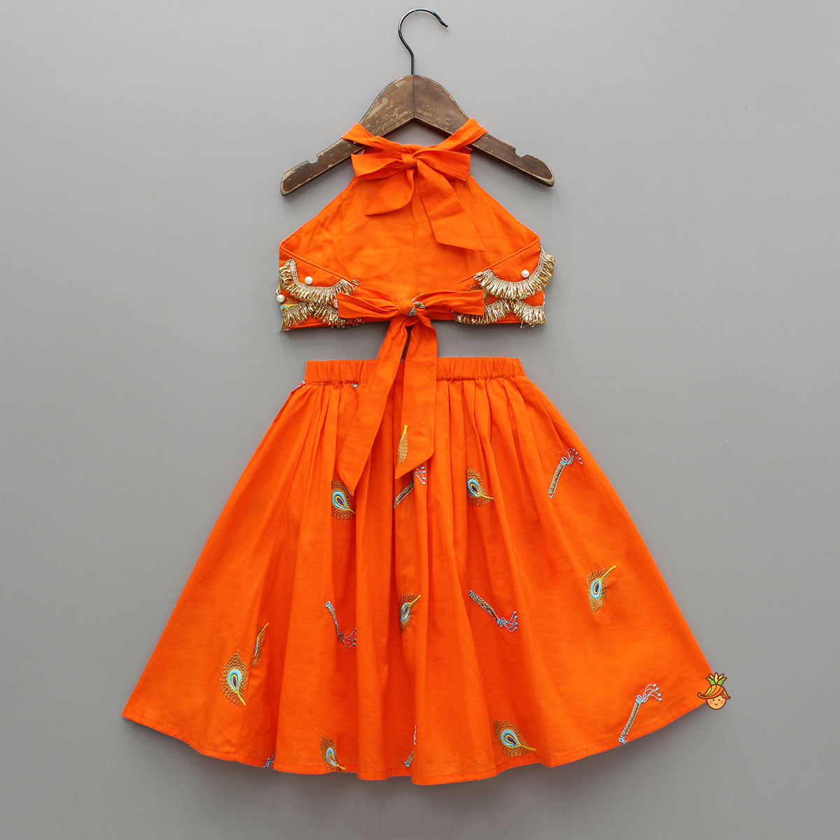 Scalloped Lace Detailed Orange Top And Lehenga