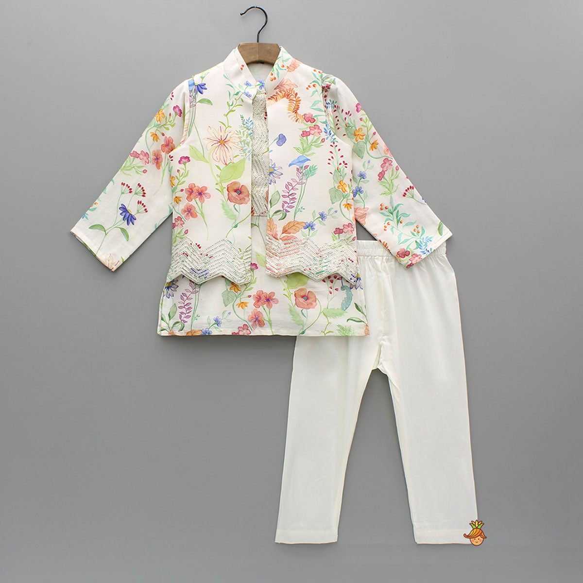 Multicolour Floral Printed Chanderi Kurta With Front Open Jacket And Pyjama