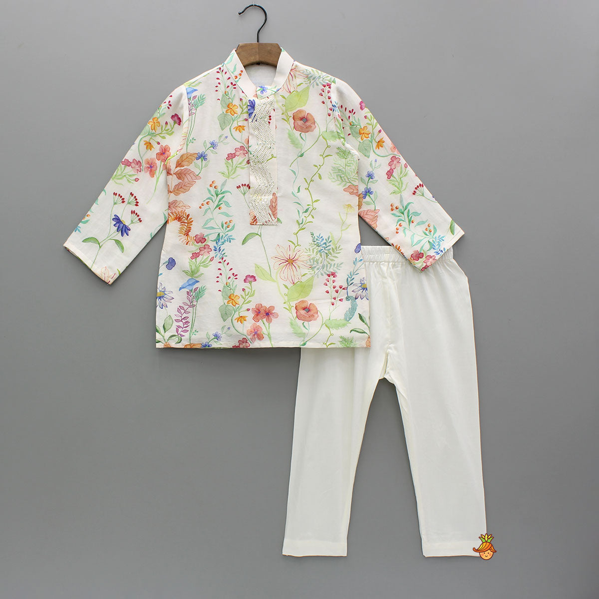 Multicolour Floral Printed Chanderi Kurta With Front Open Jacket And Pyjama