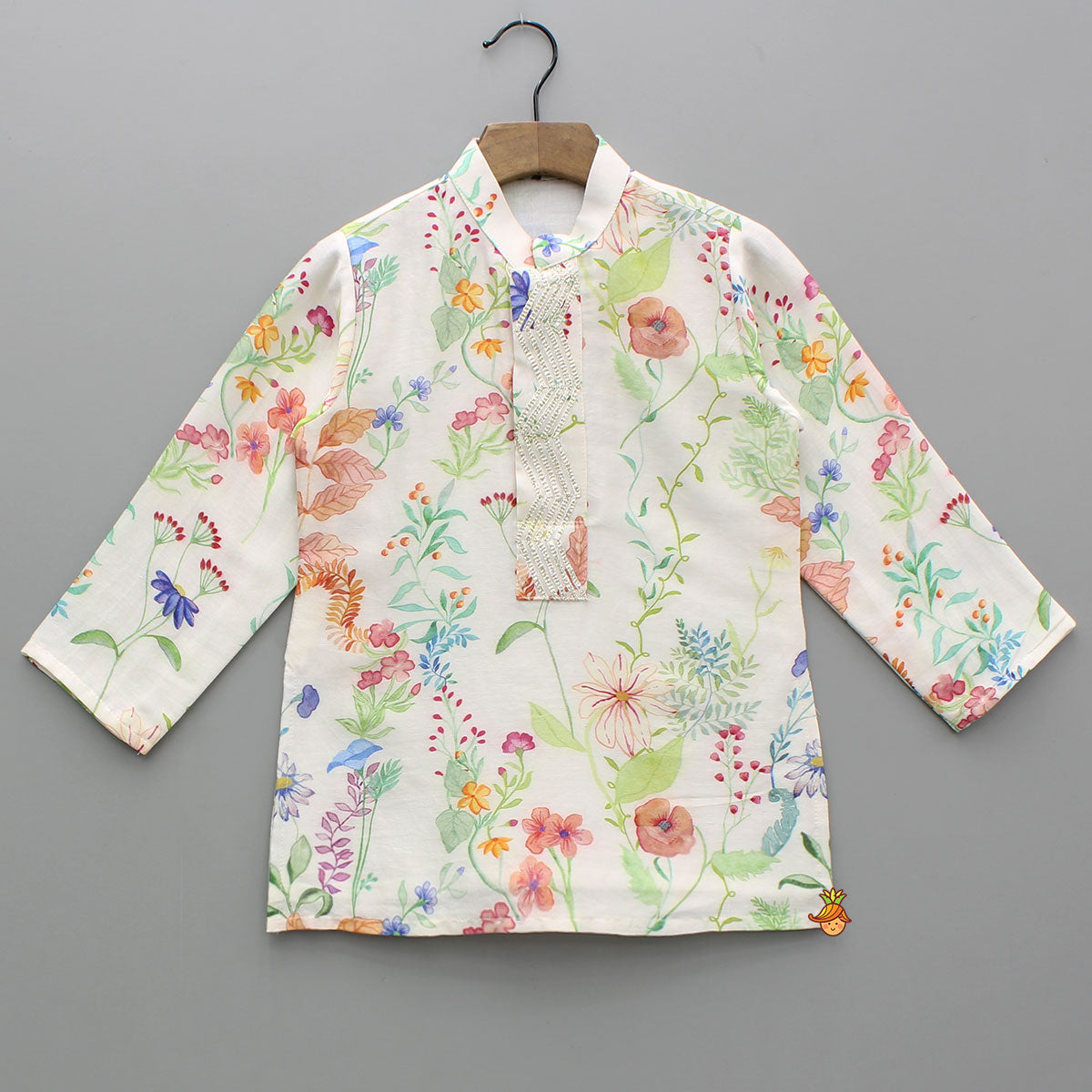Multicolour Floral Printed Chanderi Kurta With Front Open Jacket And Pyjama