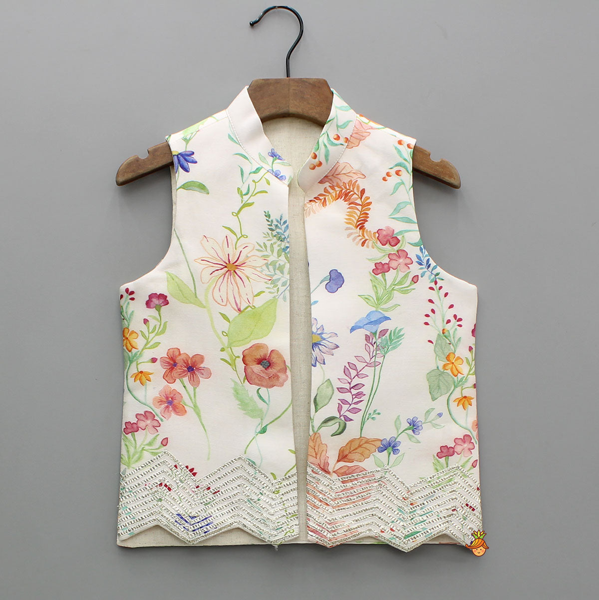 Multicolour Floral Printed Chanderi Kurta With Front Open Jacket And Pyjama