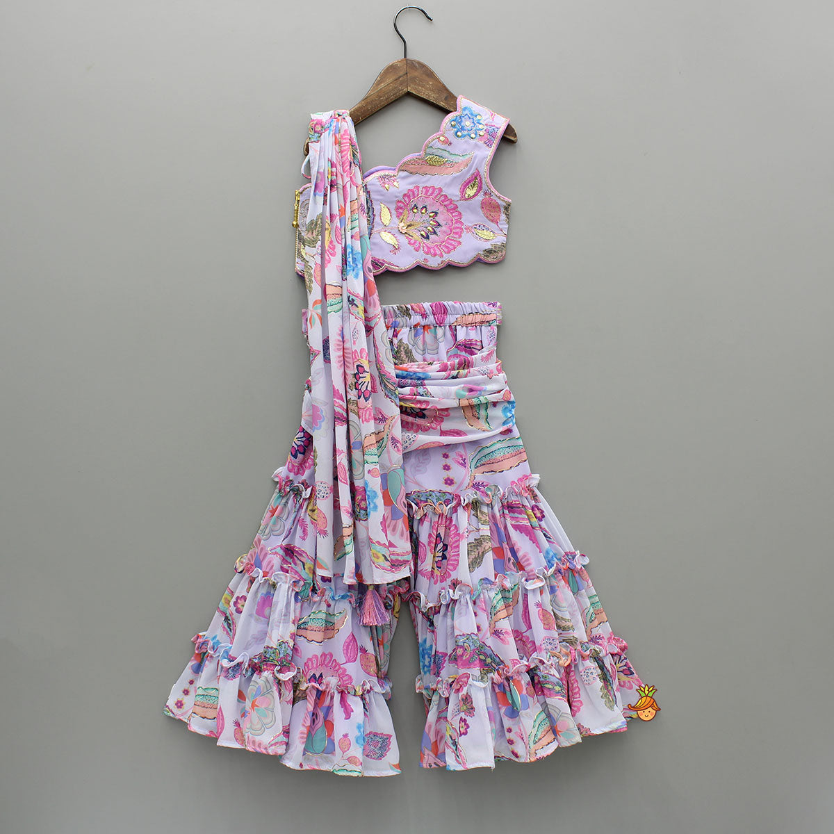 Gorgeous Multicolour Printed One Shoulder Scalloped Top With Flared Sharara And Draped Attached Dupatta