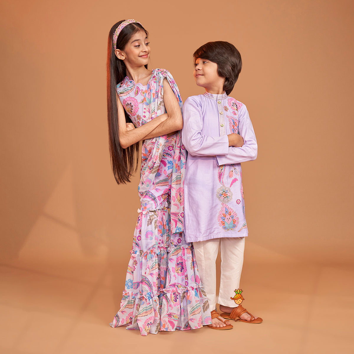 Gorgeous Multicolour Printed One Shoulder Scalloped Top With Flared Sharara And Drape Attached Dupatta twinning model image 2