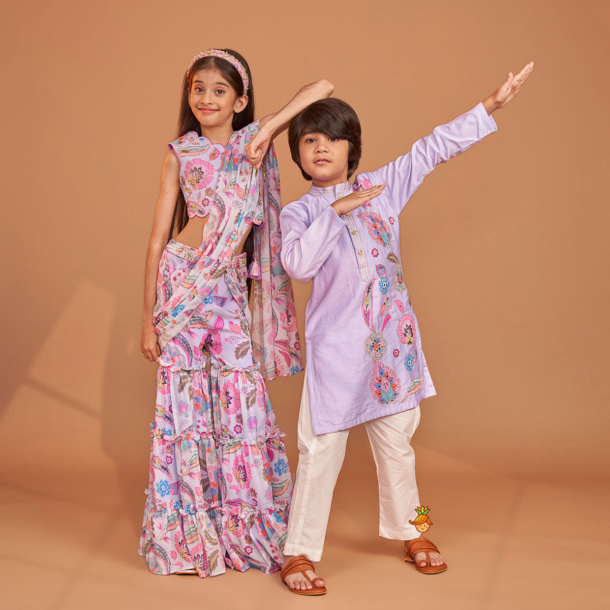 Gorgeous Multicolour Printed One Shoulder Scalloped Top With Flared Sharara And Drape Attached Dupatta twinning model image 4