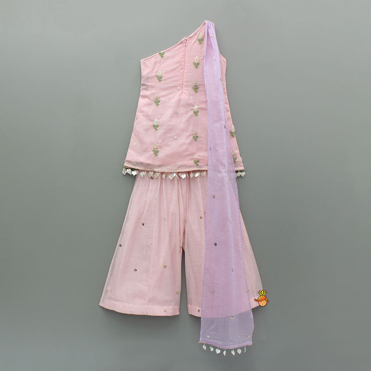 Pink One Shoulder Embroidered Kurti With Palazzo And Attached Dupatta