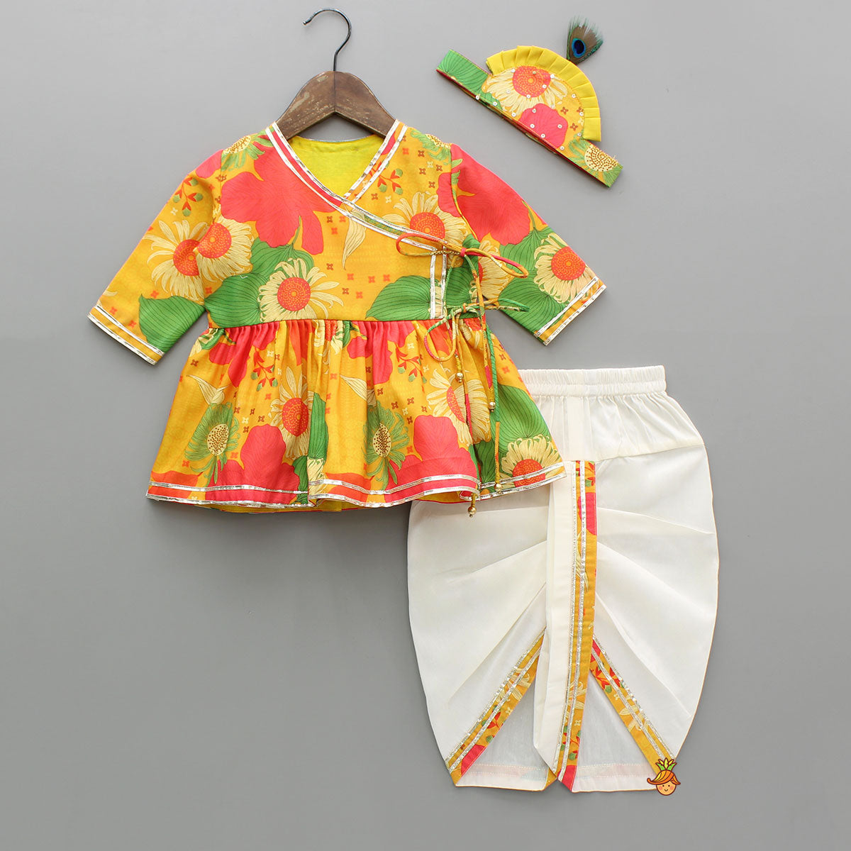 Multicolour Angarkha Top And Dhoti With Mor Pankh Mukut