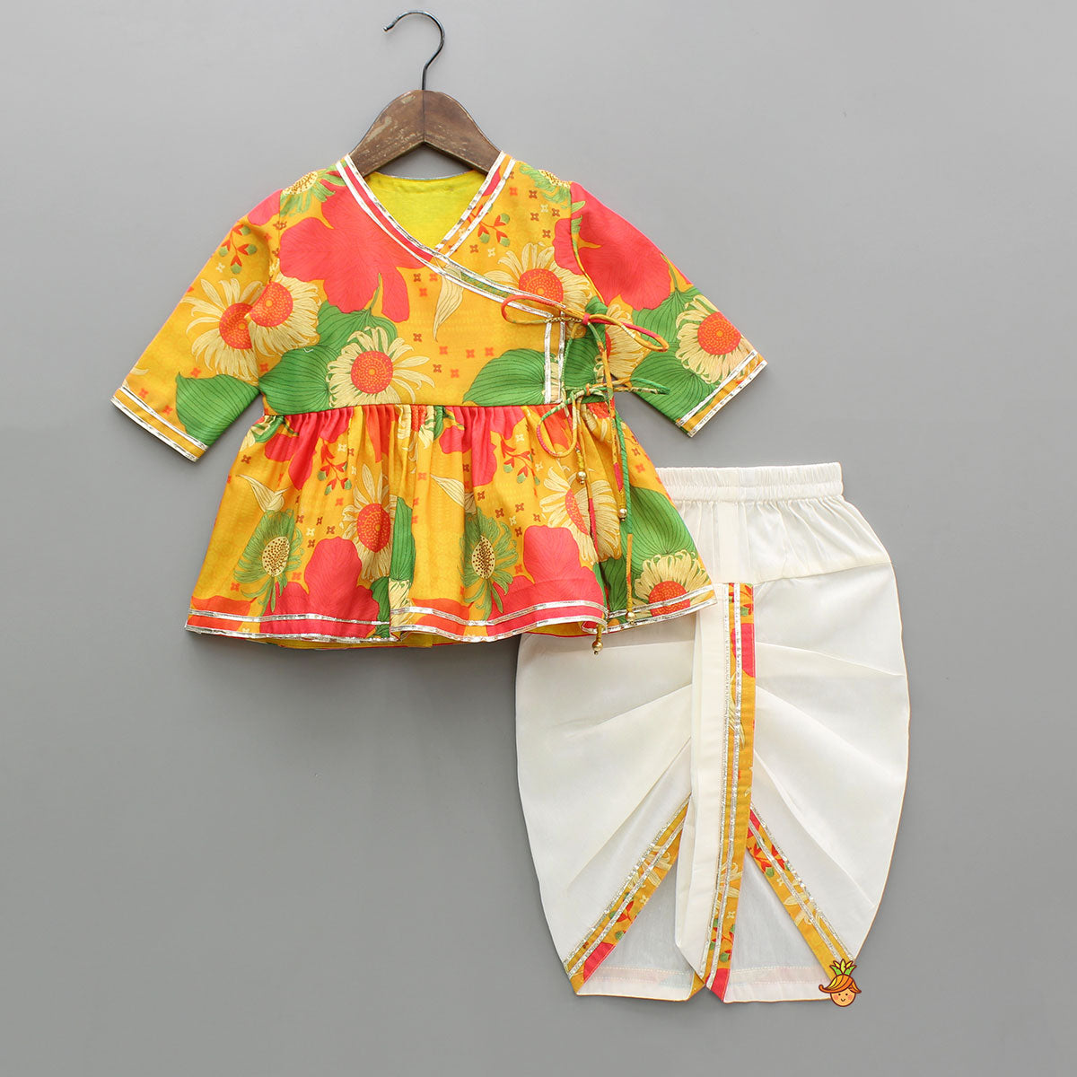 Multicolour Angarkha Top And Dhoti With Mor Pankh Mukut