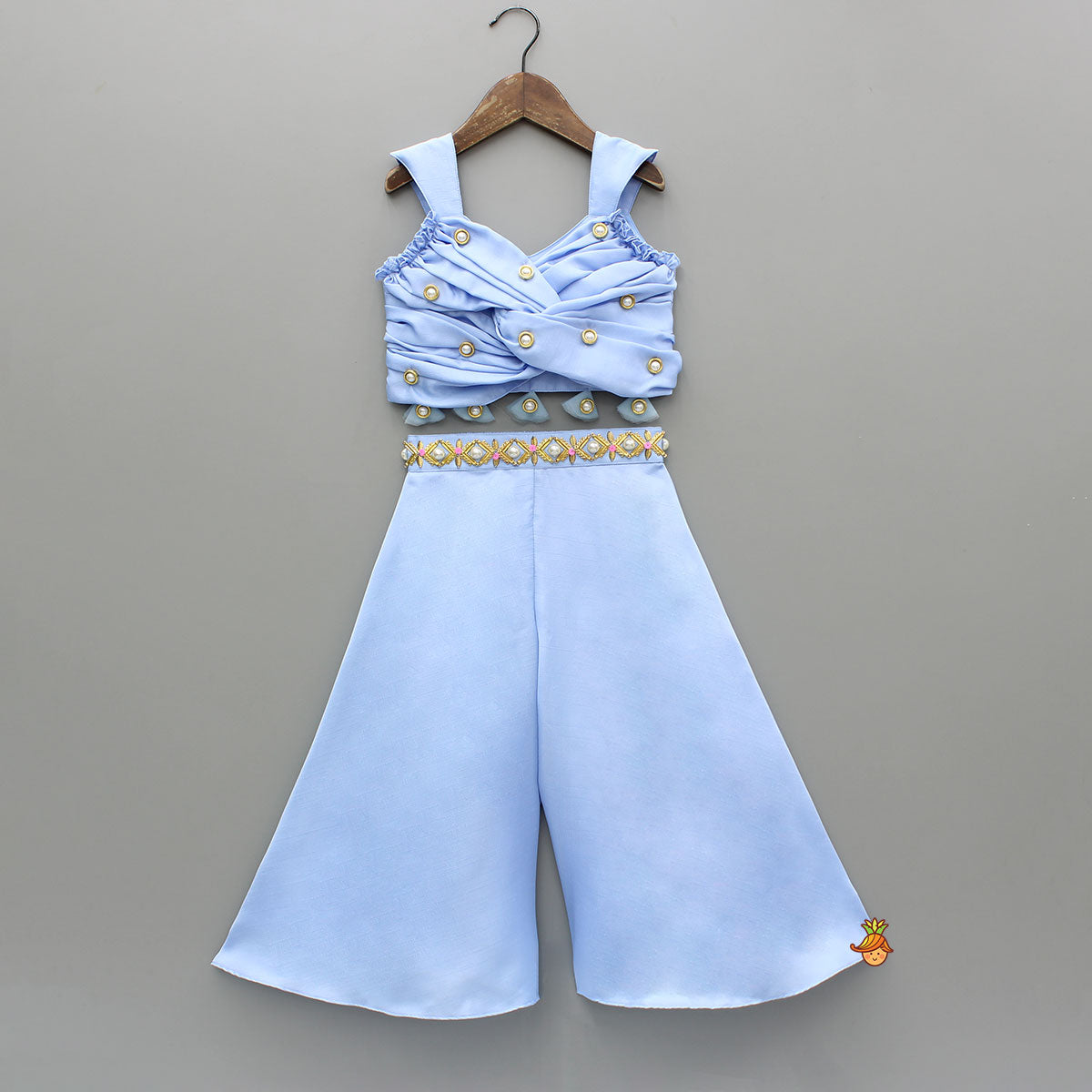 Blue Draped Embellished Top With Palazzo