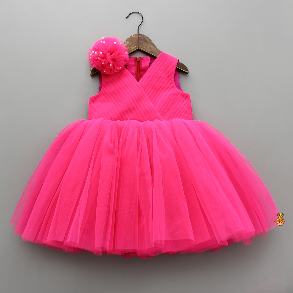 Hot Pink Flower Adorned Dress With Detachable Butterfly Wings
