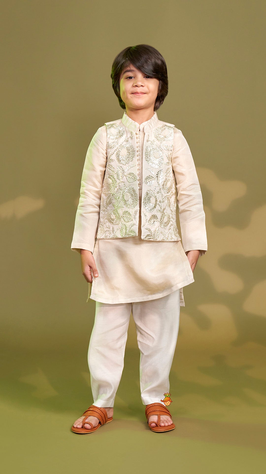 Shimmery Ivory Kurta With Front Open Gota Embroidered Jacket And Pyjama