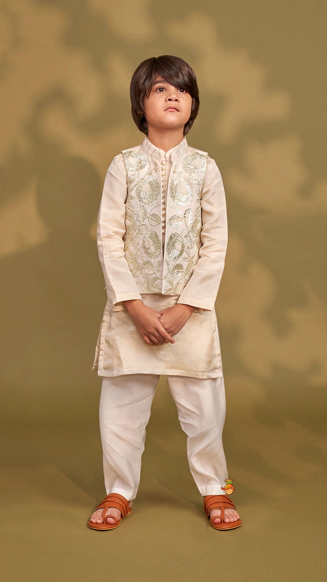 Shimmery Ivory Kurta With Front Open Gota Embroidered Jacket And Pyjama