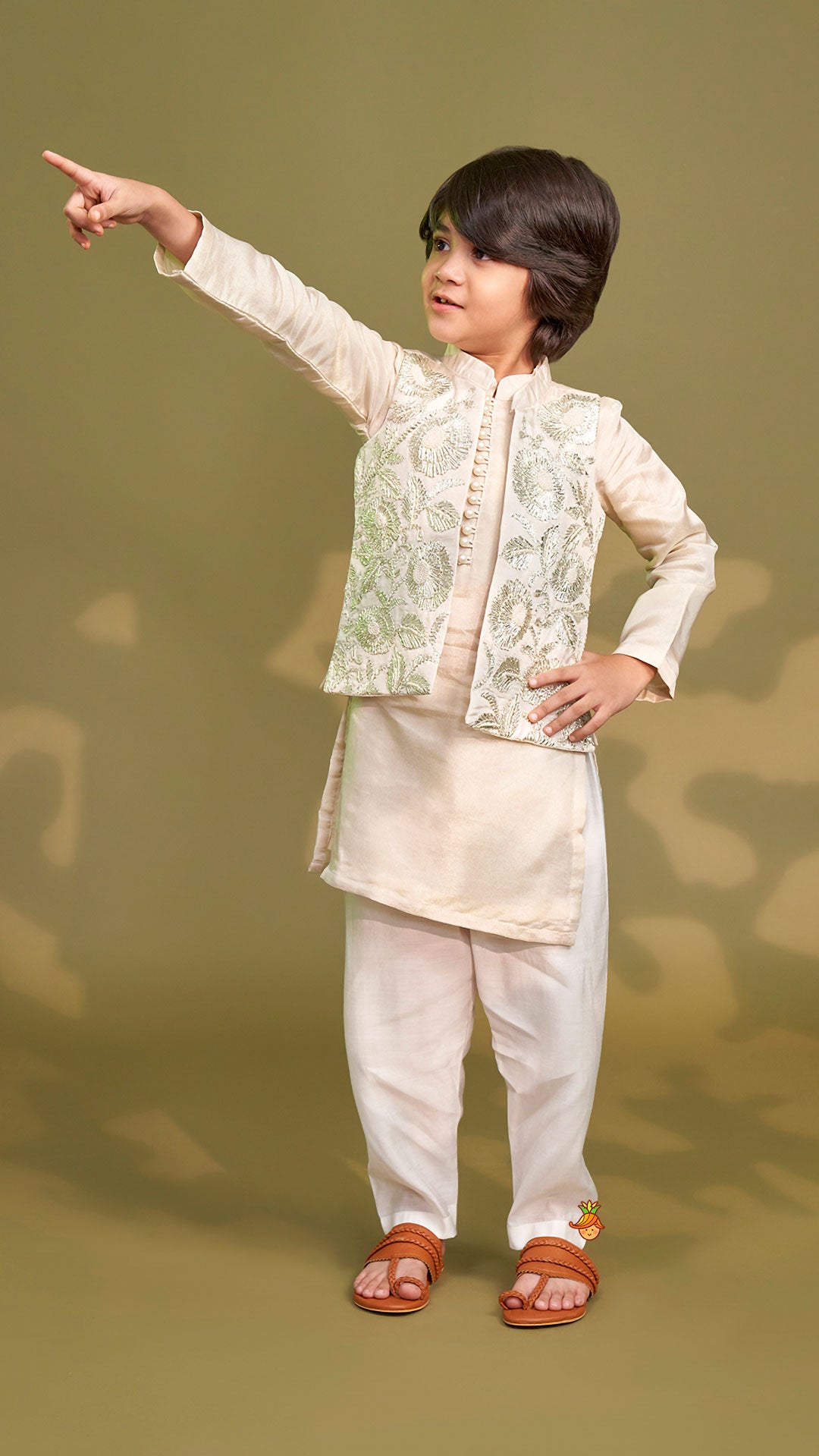 Shimmery Ivory Kurta With Front Open Gota Embroidered Jacket And Pyjama