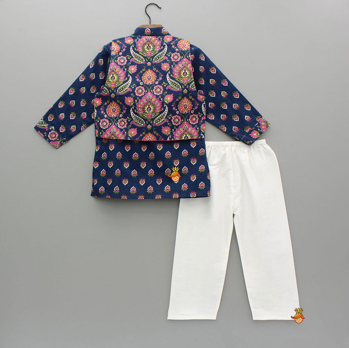 Blue Printed Kurta With Front Open Jacket And Pyjama