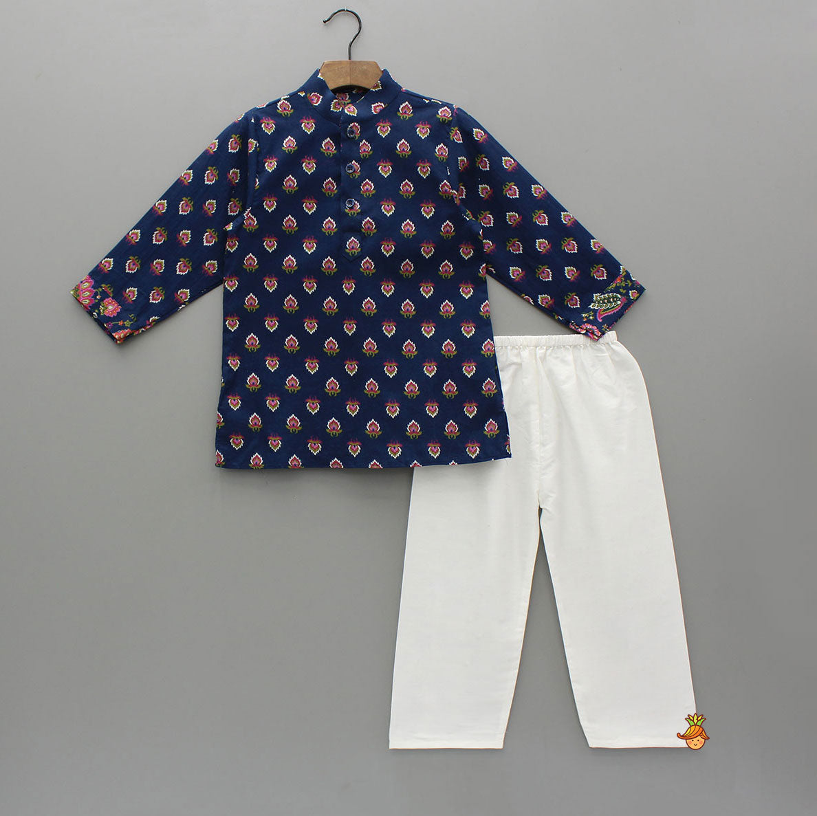 Blue Printed Kurta With Front Open Jacket And Pyjama