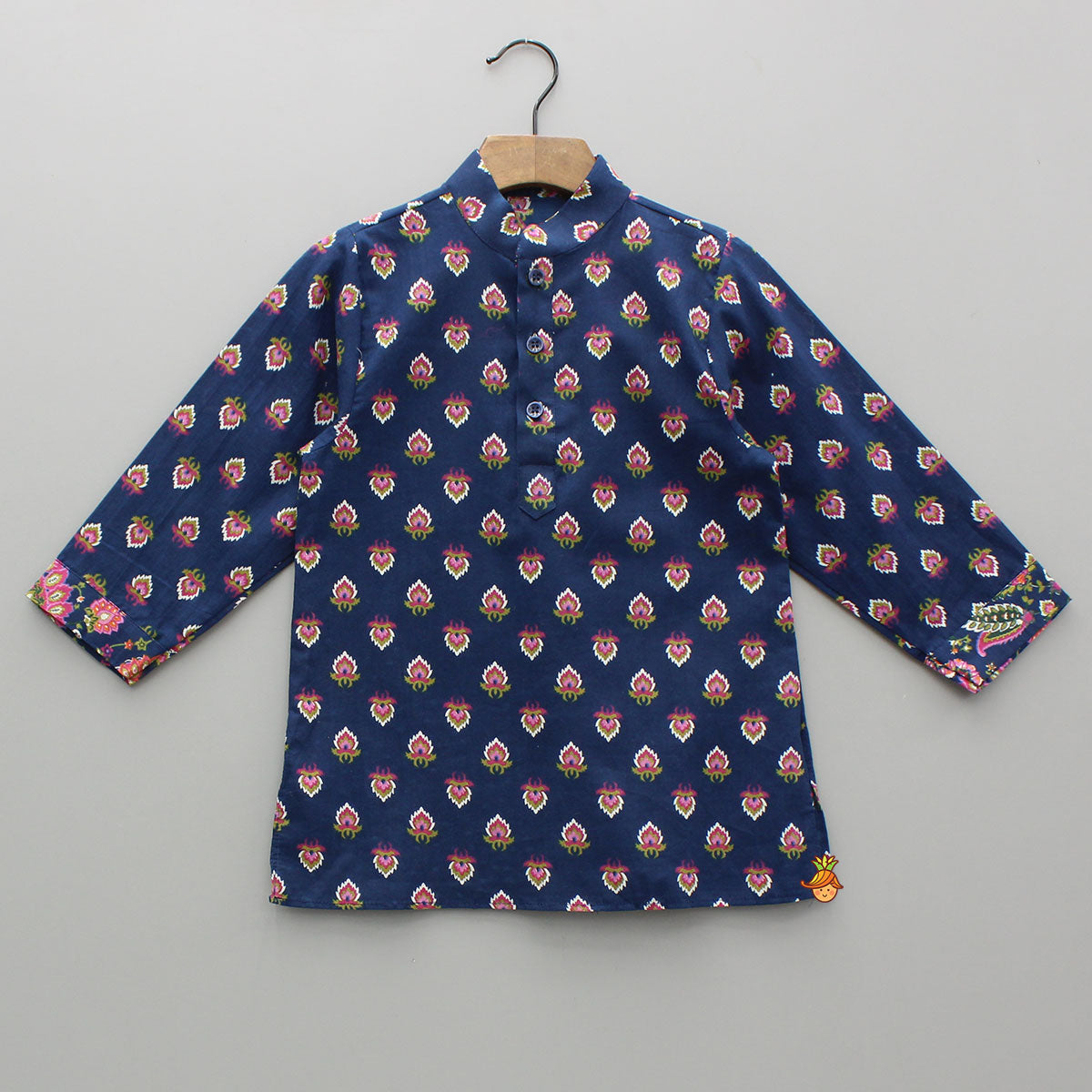 Blue Printed Kurta With Front Open Jacket And Pyjama