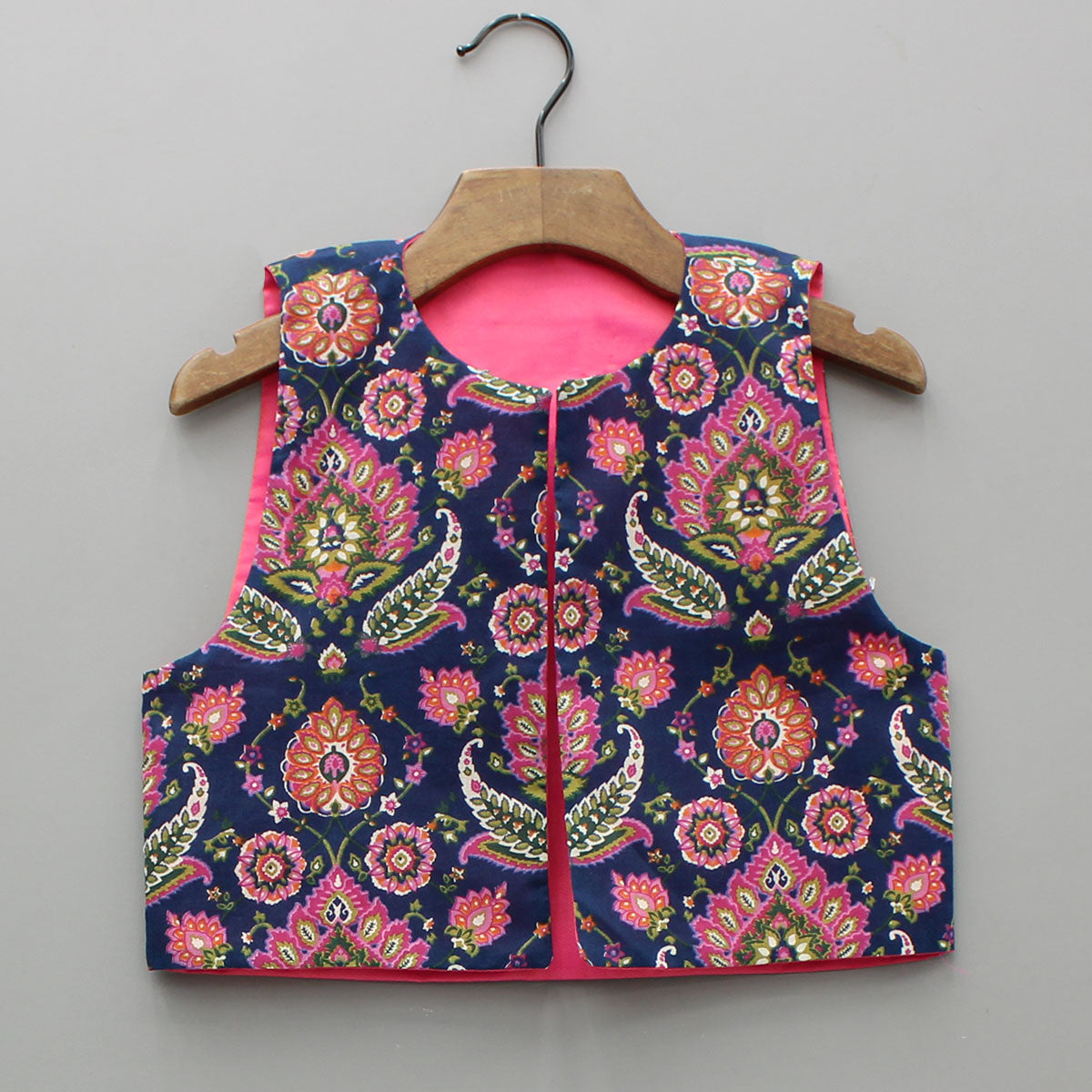 Blue Printed Kurta With Front Open Jacket And Pyjama