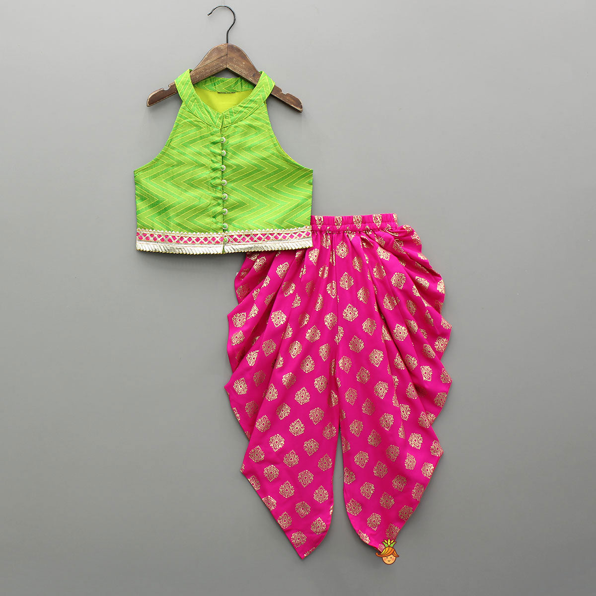 Green Halter Neck Chevron Pattern Top With Pink Printed Dhoti