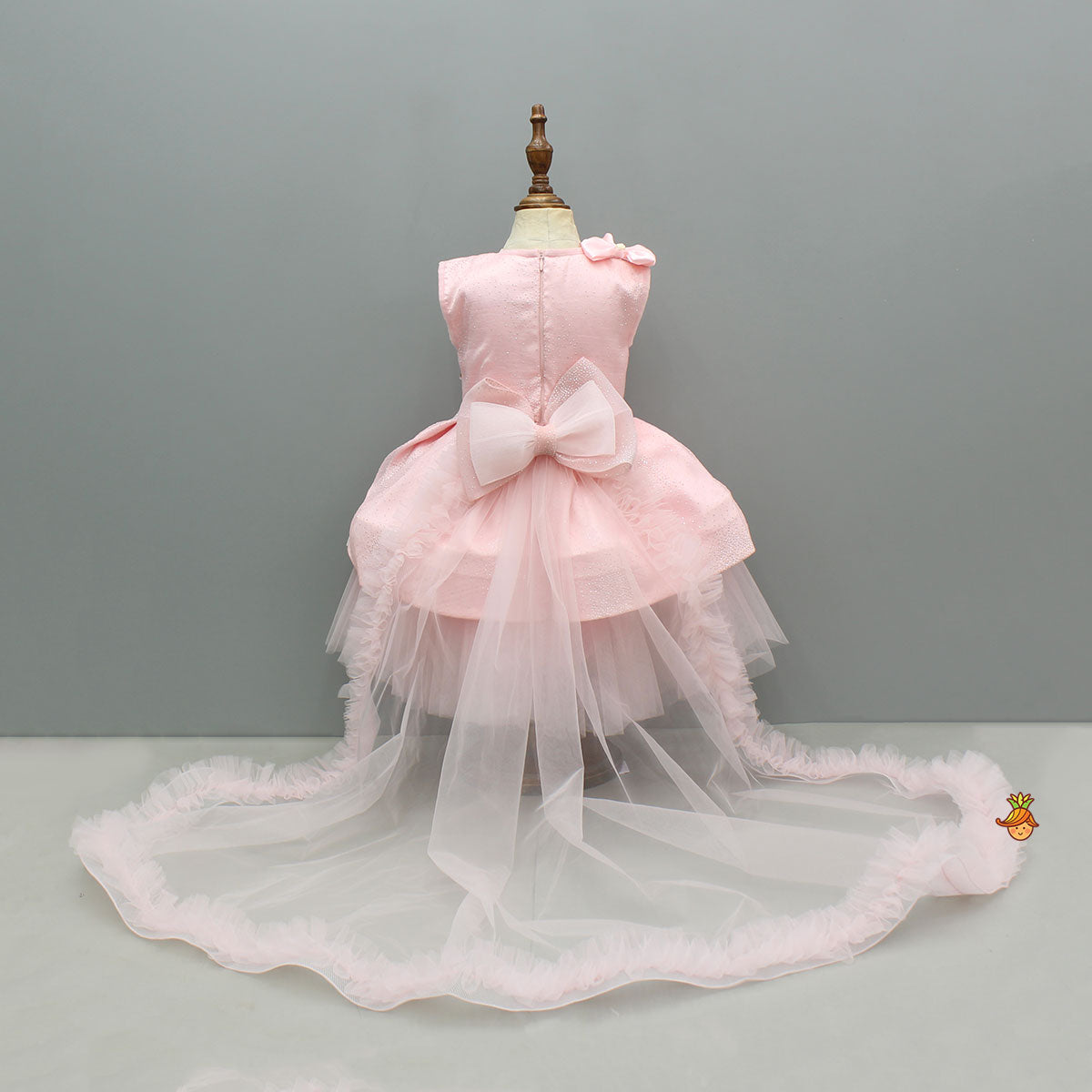 Pink Bow Glitter Embellished High Low Dress With Detachable Trail