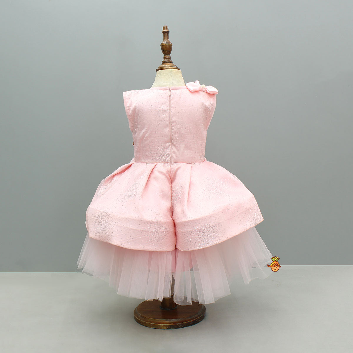 Pink Bow Glitter Embellished High Low Dress With Detachable Trail