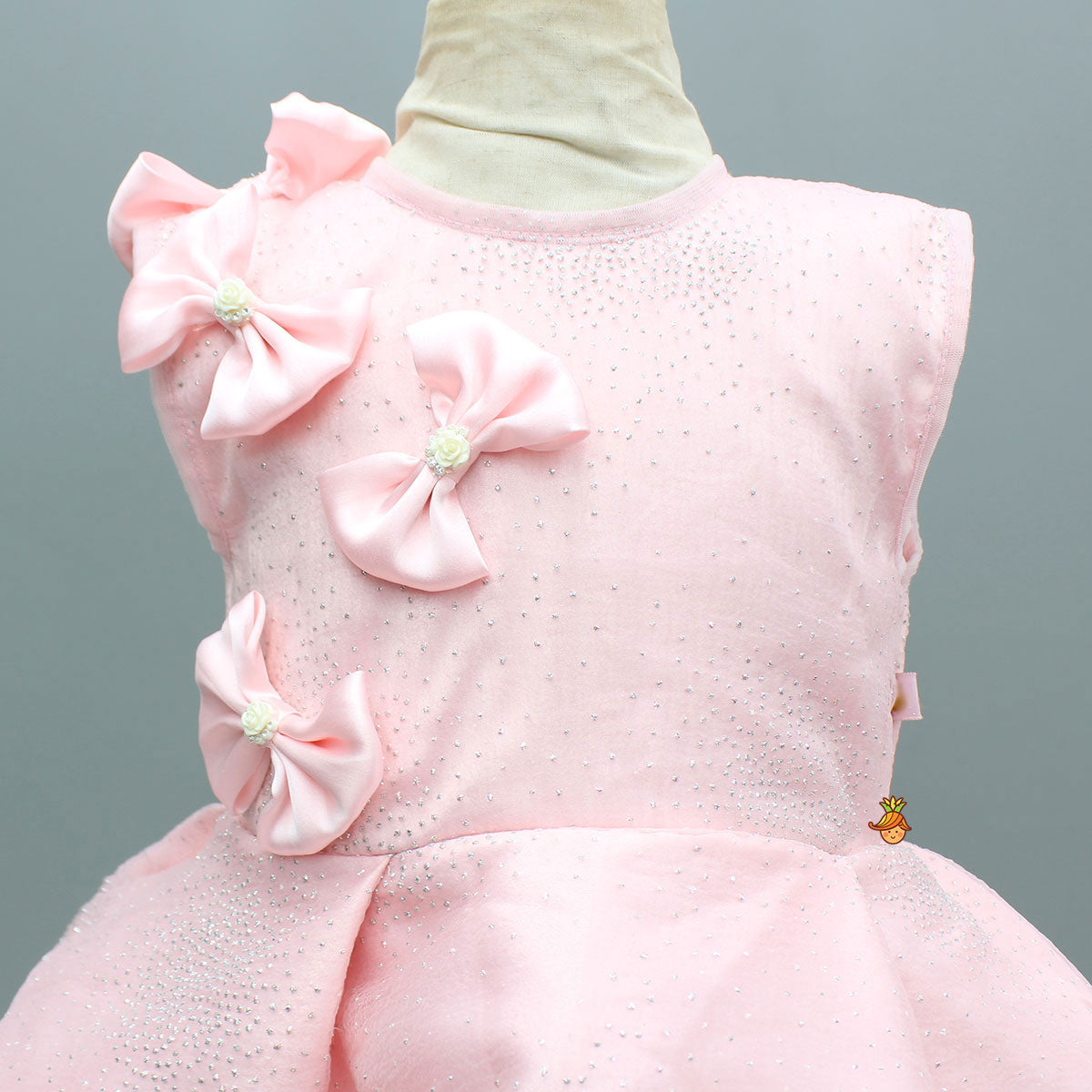 Pink Bow Glitter Embellished High Low Dress With Detachable Trail