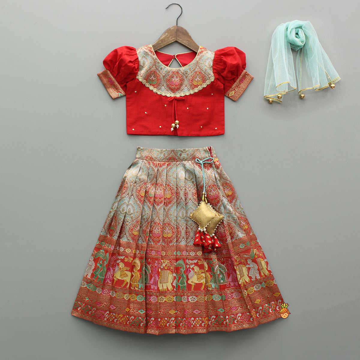 Red Brocade Silk Top With Ethnic Brocade Lehenga And Dupatta
