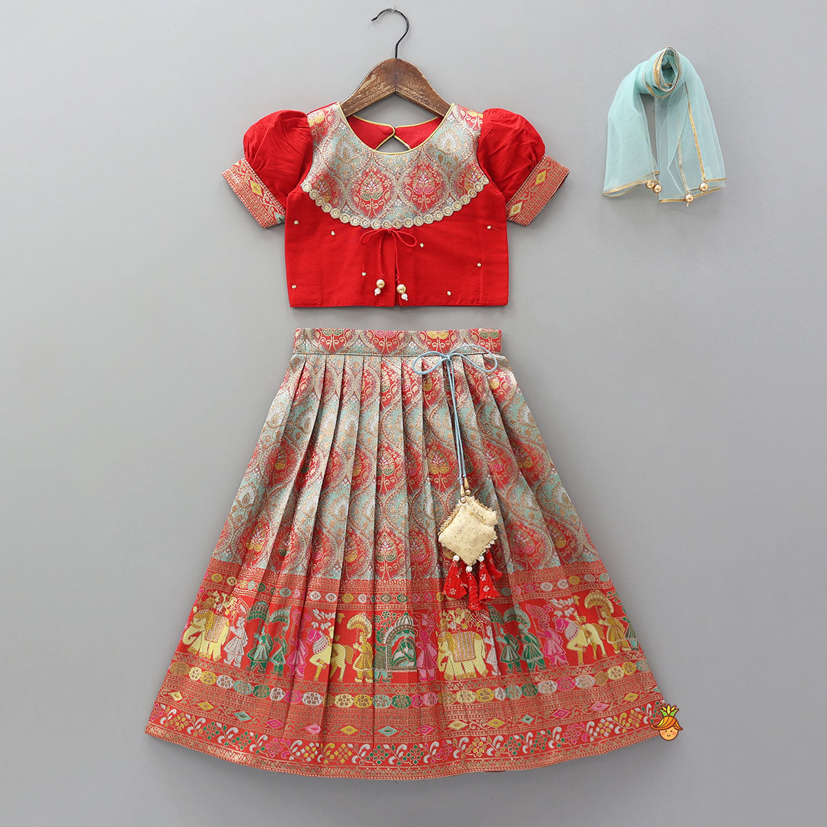 Red Brocade Silk Top With Ethnic Brocade Lehenga And Dupatta