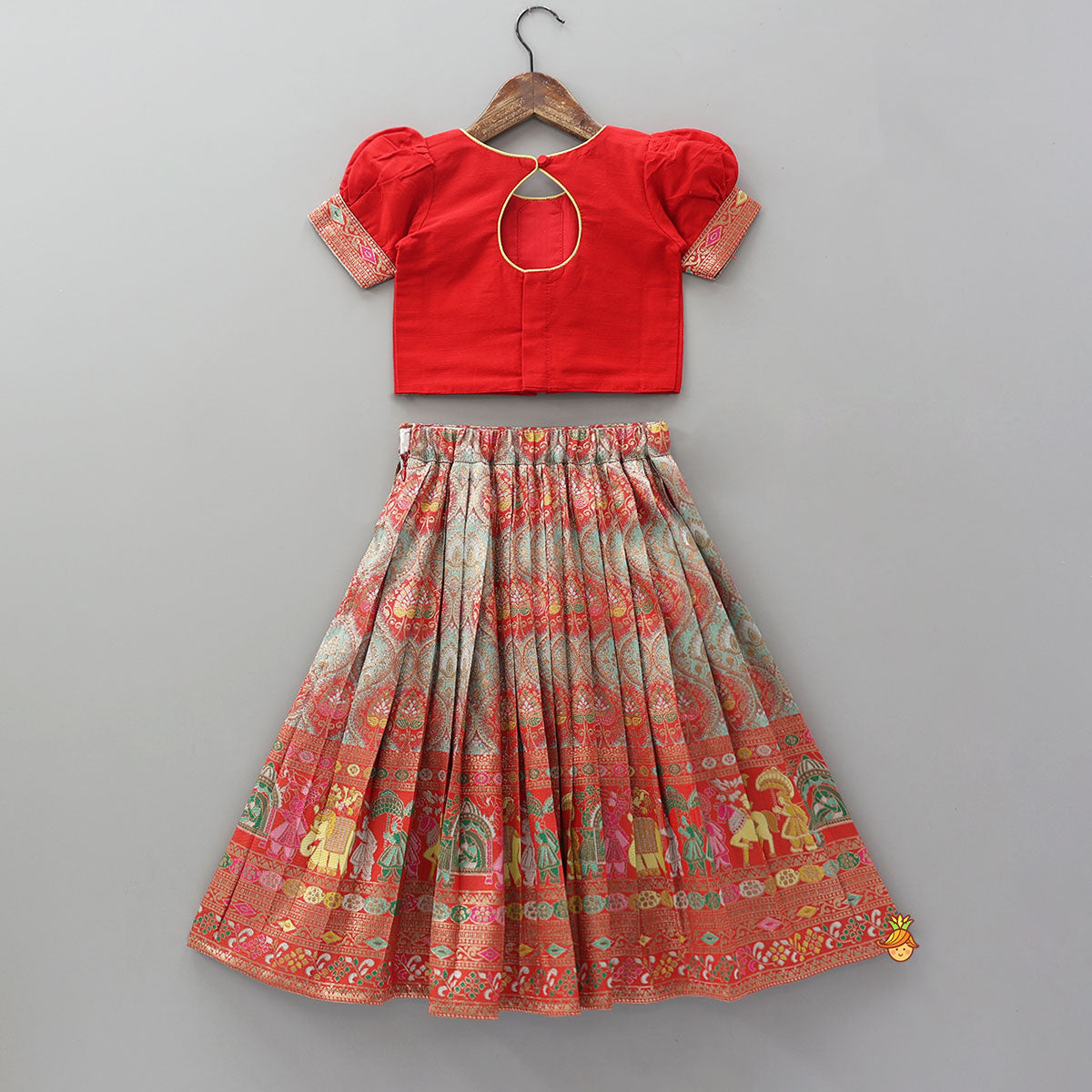 Red Brocade Silk Top With Ethnic Brocade Lehenga And Dupatta