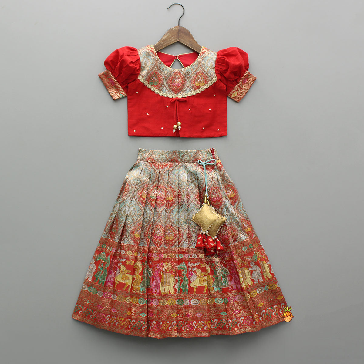Red Brocade Silk Top With Ethnic Brocade Lehenga And Dupatta