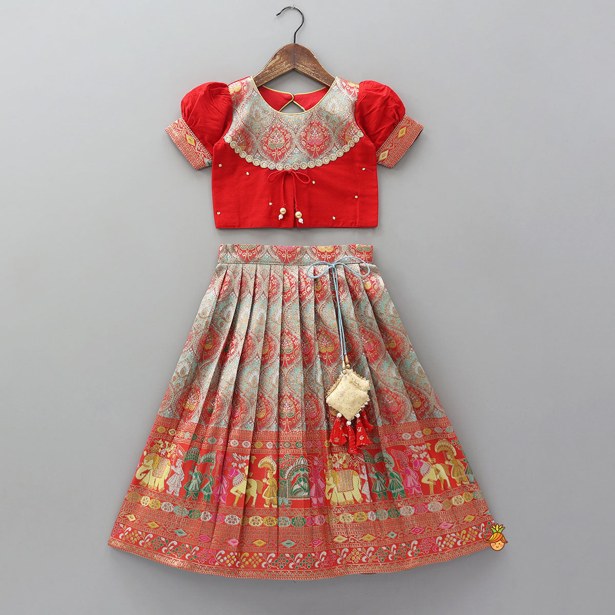 Red Brocade Silk Top With Ethnic Brocade Lehenga And Dupatta