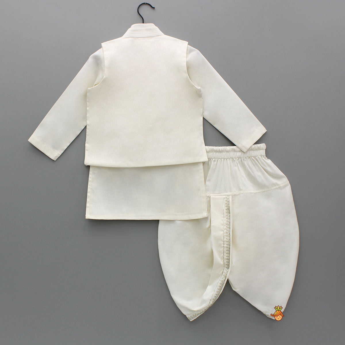 Off White Kurta With Front Open Sequin Laced Jacket And Dhoti