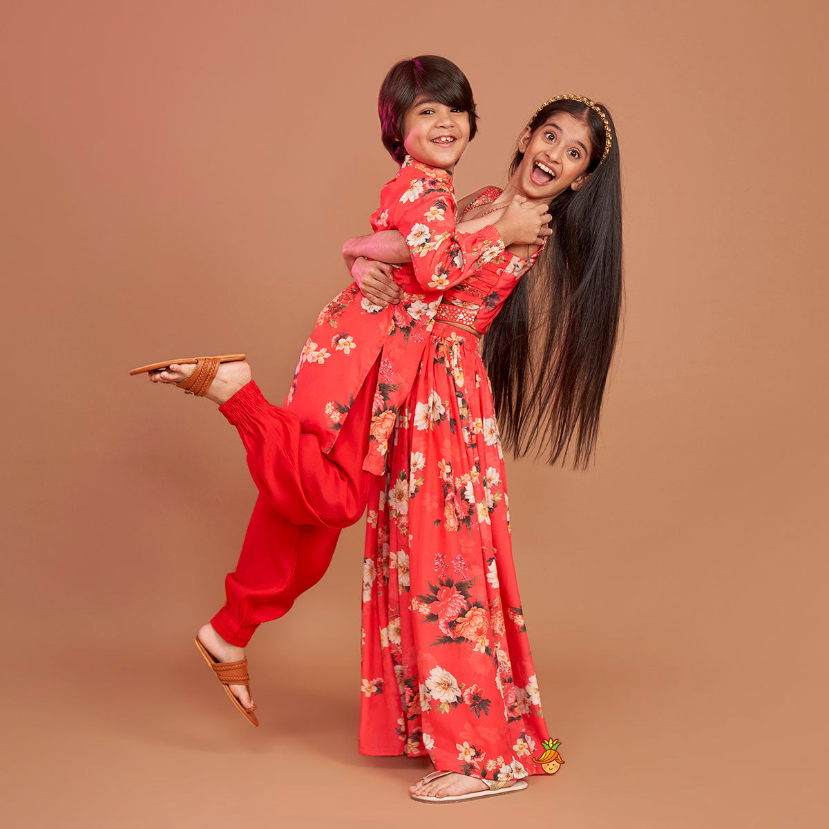 Red Floral Printed Draped Top With Flared Palazzo twinning model image 1