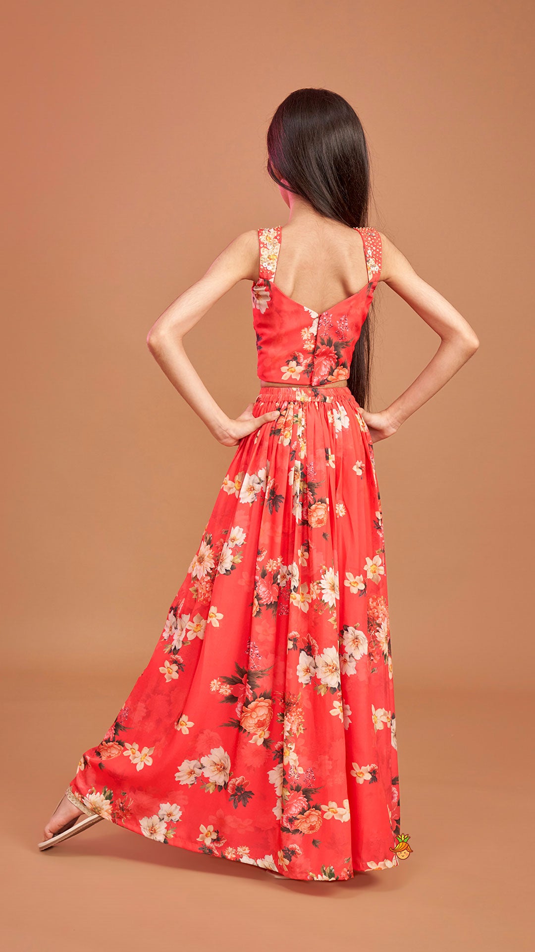 Red Floral Printed Draped Top With Flared Palazzo