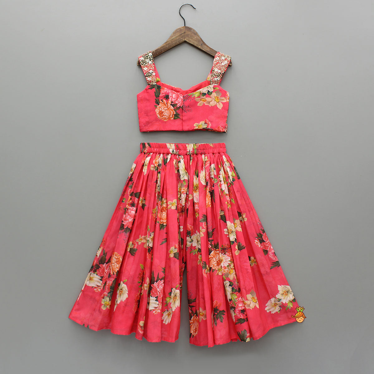 Red Floral Printed Draped Top With Flared Palazzo