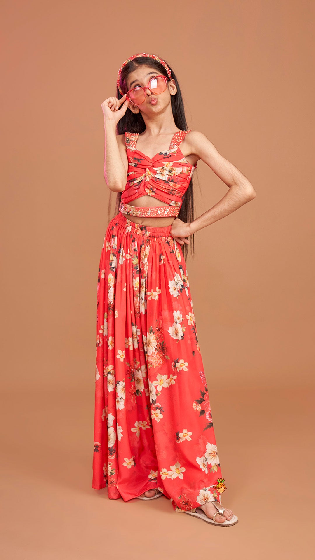 Red Floral Printed Draped Top With Flared Palazzo