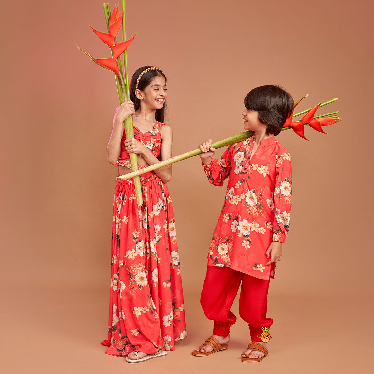 Red Floral Printed Draped Top With Flared Palazzo twinning model image 2