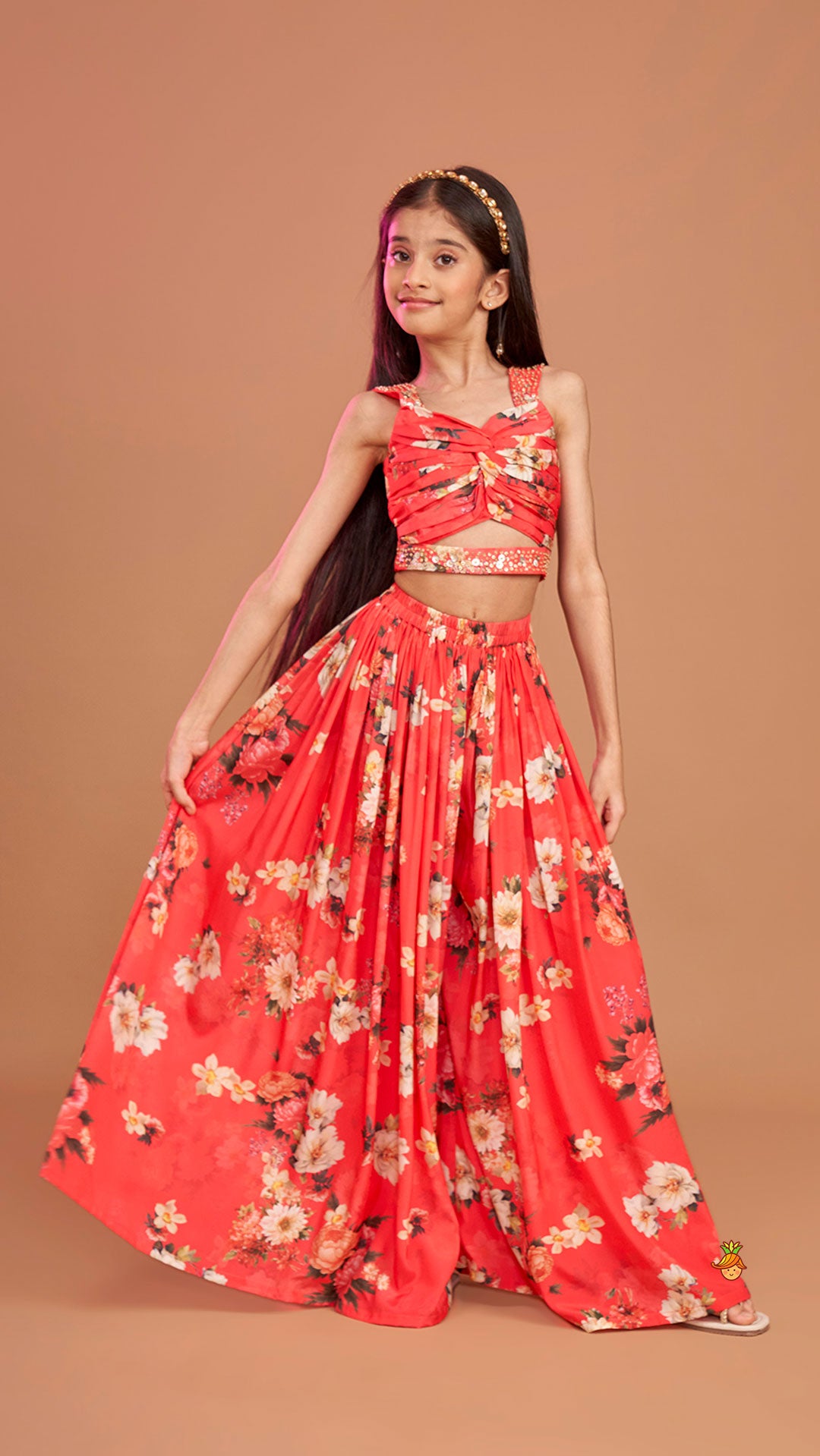 Red Floral Printed Draped Top With Flared Palazzo
