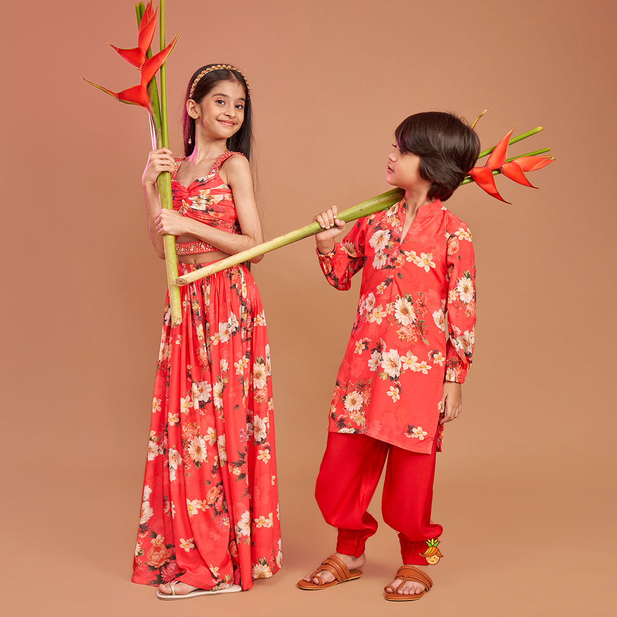 Red Floral Printed Draped Top With Flared Palazzo twinning model image 3