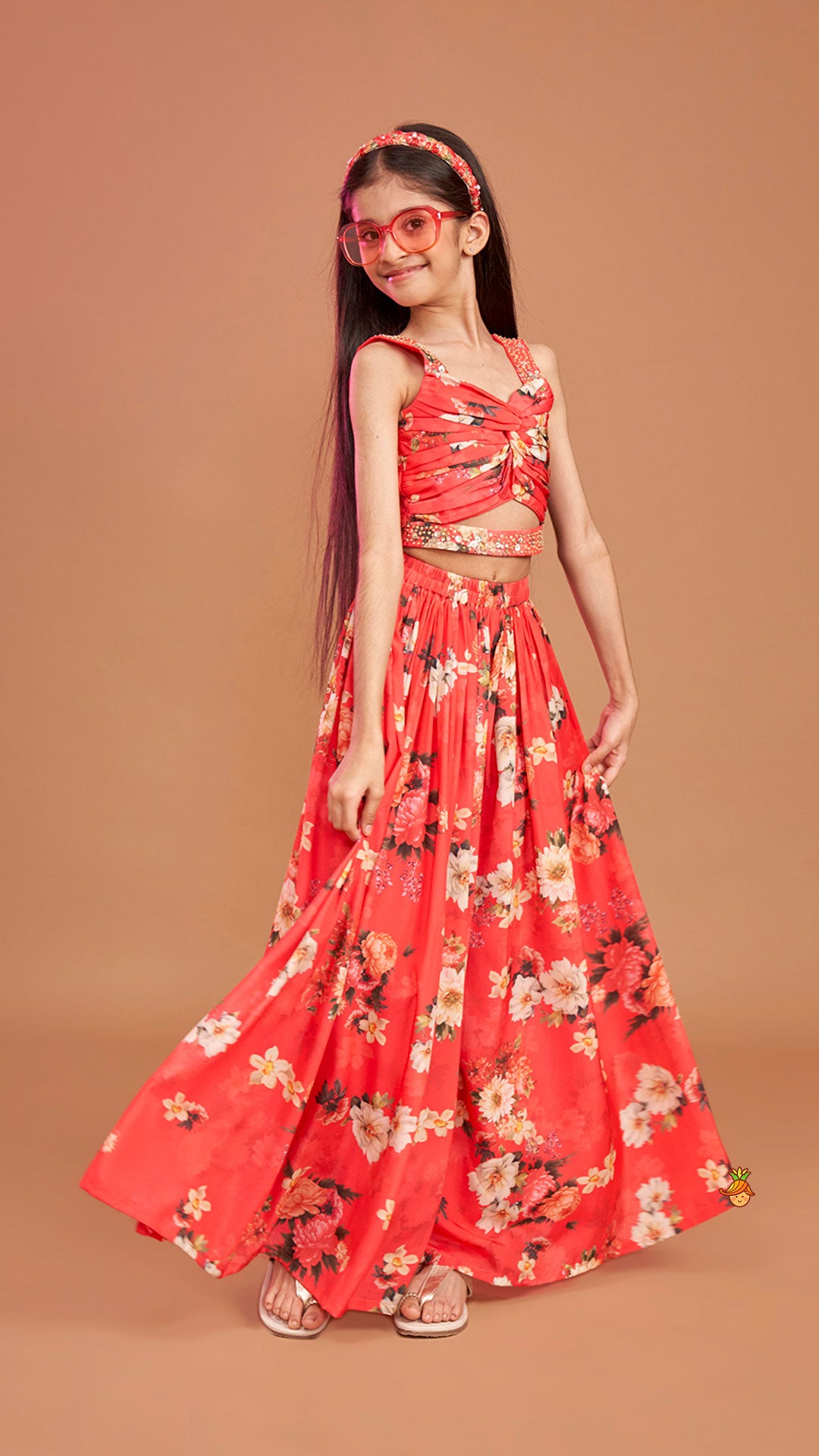 Red Floral Printed Draped Top With Flared Palazzo