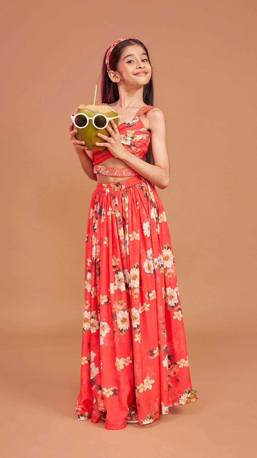 Red Floral Printed Draped Top With Flared Palazzo