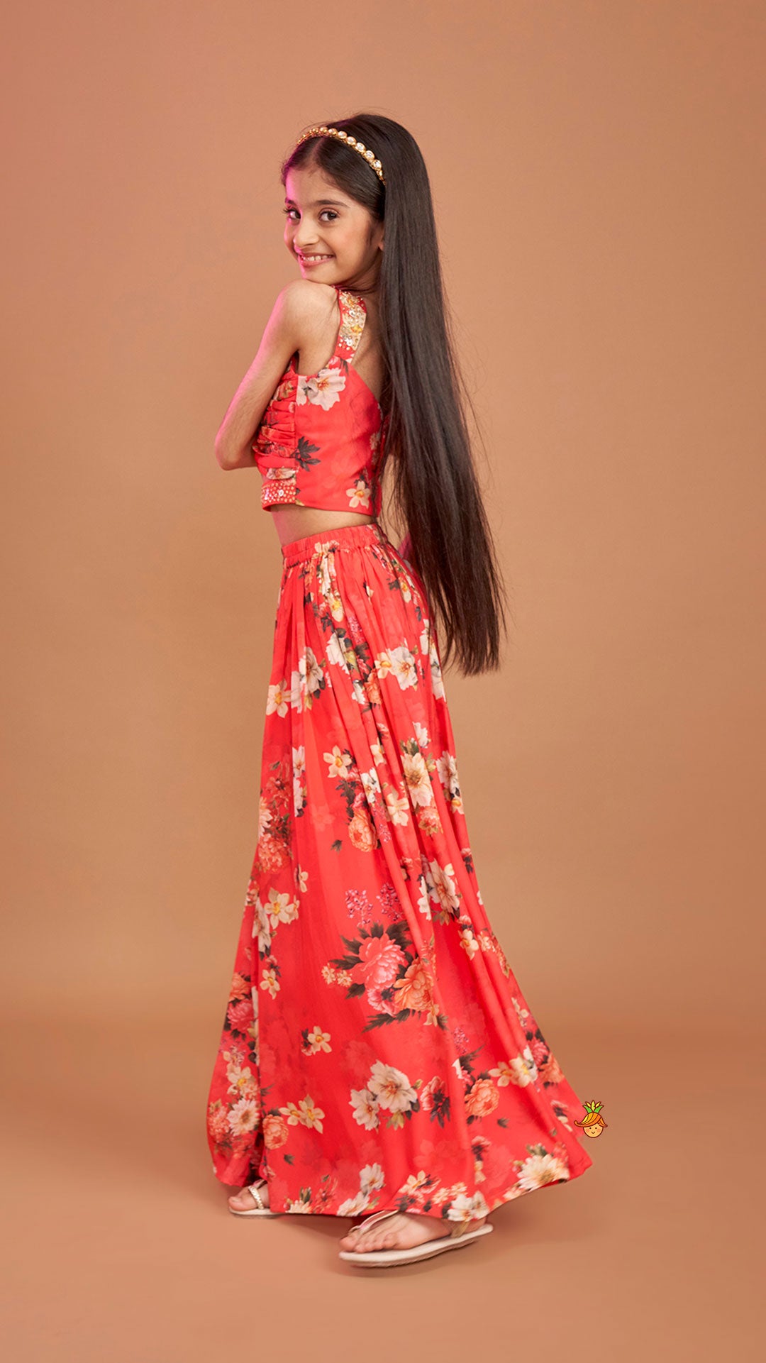 Red Floral Printed Draped Top With Flared Palazzo
