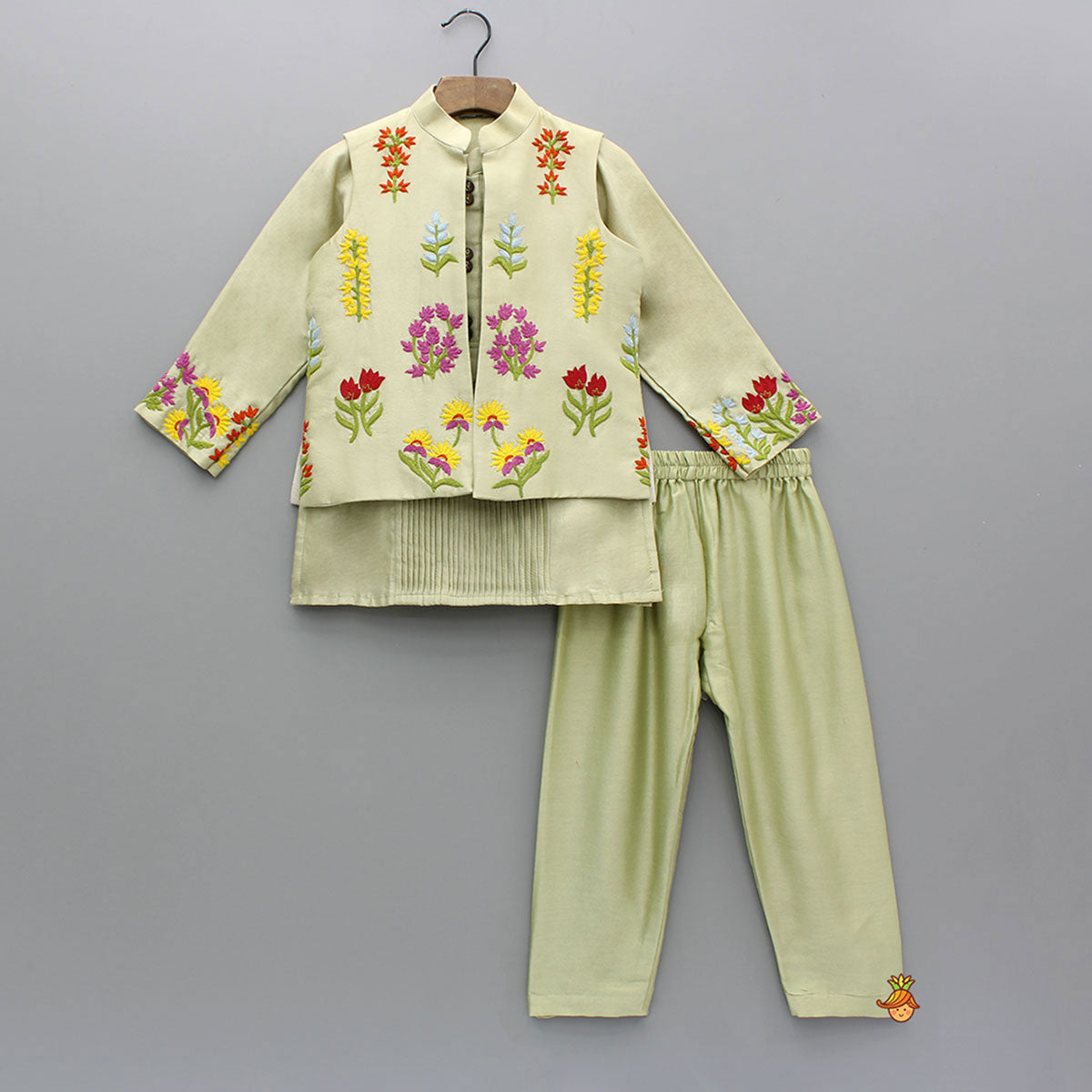 Green Pin Tuck Detailed Kurta With Multicolour Embroidered Front Open Jacket And Pyjama
