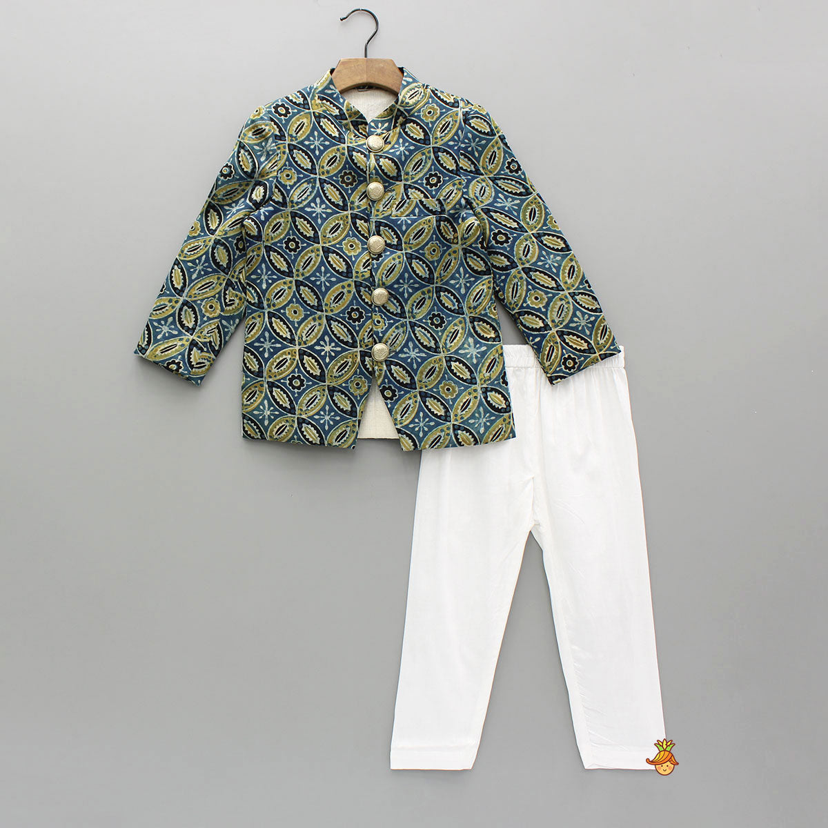 Ajrakh Printed Blue Silk Sherwani With Pyjama