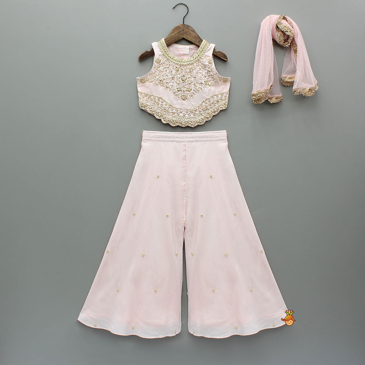 Pink Floral Embroidered Stylish Hem Top With Palazzo And Dupatta