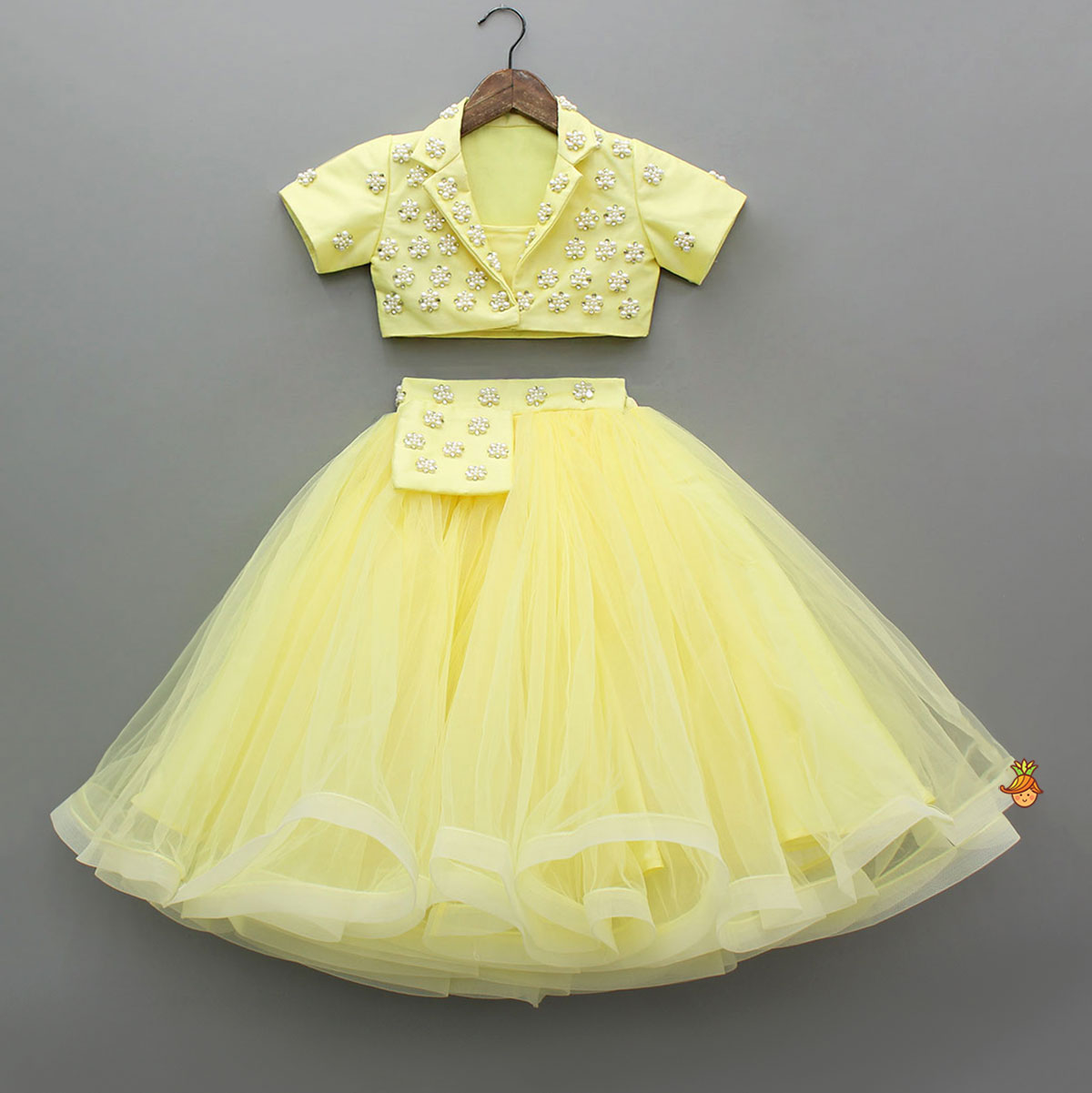 Stylish Yellow Crop Blazer Style Top With Flared Lehenga