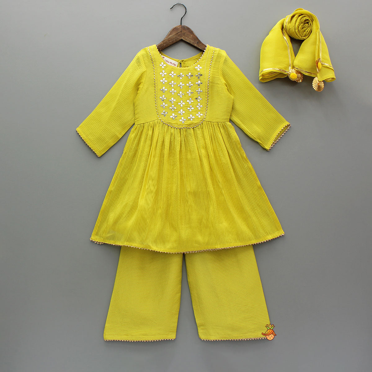 Yellow Gota Work Kurti With Wide-Leg Pant And Dupatta