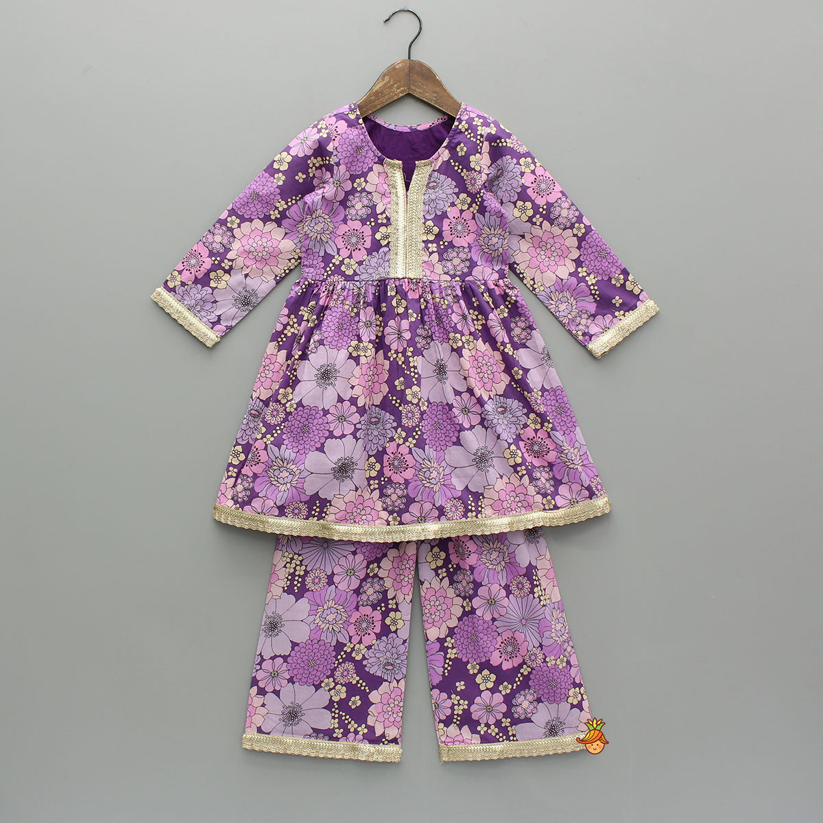 Purple Floral Printed Kurti With Matching Pant And Dupatta